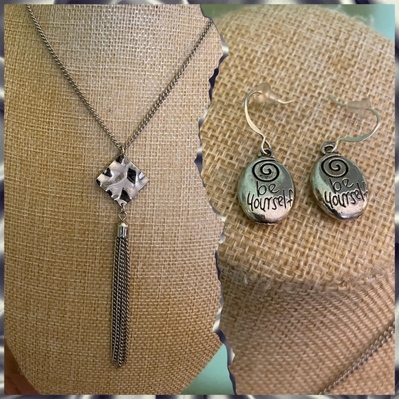 Elegant Silver Necklace and Be Yourself Earring Set - Picture 1 of 8